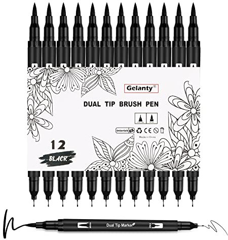 Gelanty Filzstifte Schwarz, 12 Stück Dual Brush Pen Set, Fineliner Stifte Set, Filzstifte Dicke und Dünne für Kunstzeichnung, Skizzieren, Malbuch