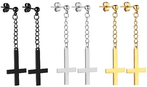 3 Pares Pendientes Hombre Cruz Invertida: Círculo Piercing Oreja en Acero Inoxidable Pendientes Colgantes Plata Negro Oro Regalo para Bautismo Navidad Pascua Estilo a elegir