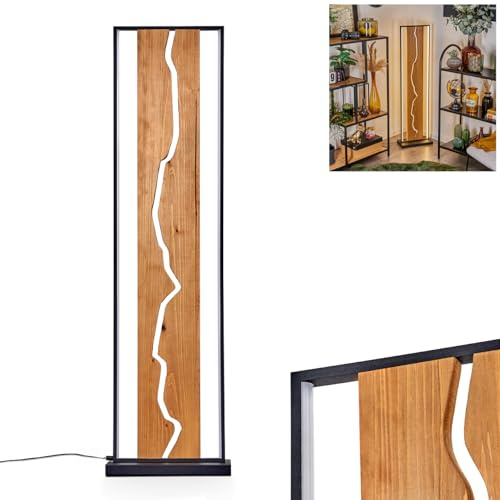 HOFSTEIN LED Stehleuchte Terre, moderne Stehlampe aus Metall/Holz/Kunststoff in Schwarz/Natur/Weiß, Retro/Vintage-Design mit Schirm aus Holz, 18 Watt, 2300 Lumen, 3000 Kelvin, Wohnzimmer, Schlafzimmer