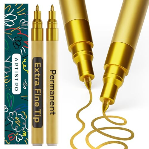 ARTISTRO Metallic Permanent Markers - Set of 2 Gold Paint Pen, Oil Based Paint Markers Extra-Fine Tip 0.7mm, Waterproof Paint Pens, for Rock Painting, Ceramic, Glass, Wood, Tire, Fabric & More