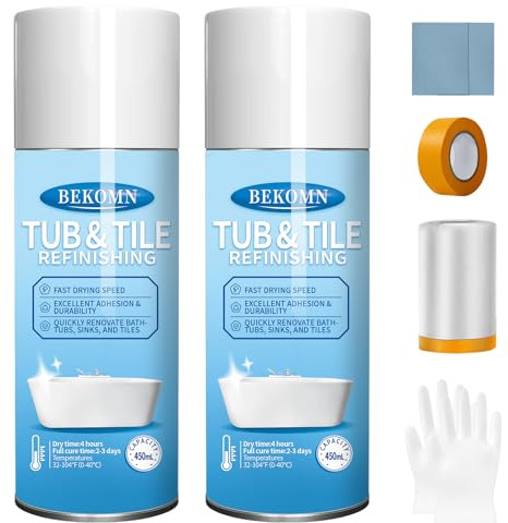 BEKOMN Tub and Tile Spray Paint White,450ml (2 Pack),Aerosol Bathtub Refinishing Kit for Porcelain Ceramic Fiberglass, DIY Resurfacing Bathroom Tile Sink Countertop