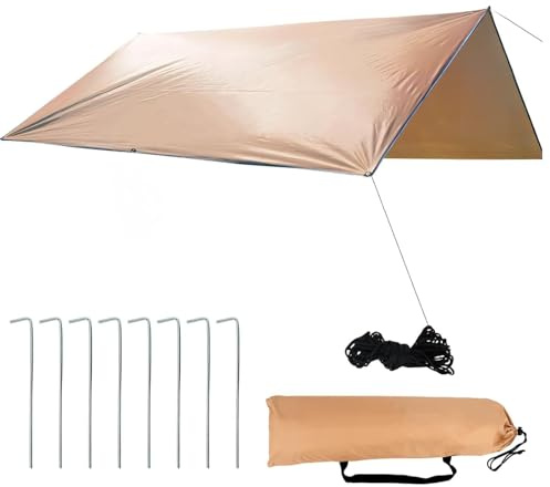 Valicaer Camping Bâche,Tarp Rain Fly Bâche de Tente pour Hamac Anti-UV Rain Tarp Toile de Tente Léger Tente Couverture Protection Parasol Résistant avec œillets Piquets Cordes pour Extérieur(3 * 3m