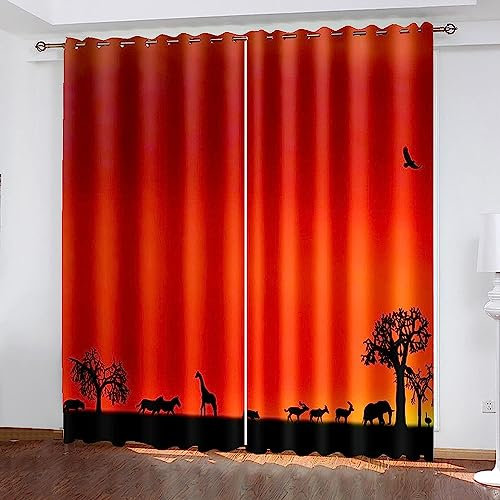 Vorhang Kinderzimmer Goldener Sonnenuntergang Tier Elefant Giraffe Kinder Vorhänge Mit Ösen Polyester Gardinen Thermovorhang Blickdicht Ösenschal Kindergardinen Für Wohnzimmer Schlafzimmer, 2E-3A4G9K3