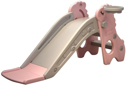 NOENNULL Indoor-Kleinkindrutsche mit Korb, Stabile Indoor-Rutsche Kinder, Faltbarer Multifunktionaler Indoor-Kinderrutschenspielplatz mit Kleinem Basketball zu Hause (Rosa Grau)