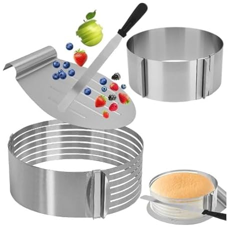ZONJIE 4-Piece Cake Accessory Set, Stainless Steel Cake Ring Adjustable with Cake Base Cutting Aid + Pastry Knife + Cake Server Stainless Steel Premium Cake Set for Hobby Bakers