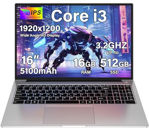 2025 Newest Ordenador Portátil 16 Pulgadas Win11 16+512GB SSD Soporte 1TB SSD Expansión Gaming Ventilador Refrigeración Core i3（hasta 3,2 GHz）5G WiFi BT4.2 Mini Puerto Multimedia 1920x1200-Silver