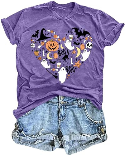hohololo Damen Halloween T-Shirt Halloween Tshirt mit Herzmotiv Boo Shirt Oberteil,Lila-B,L