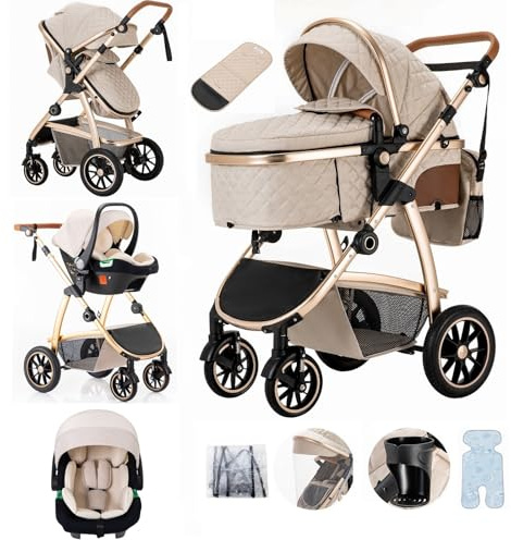 Lnhcrbs 3 in 1 Stroller,Lightweight Pram with Frame Made of Aluminium,Beige