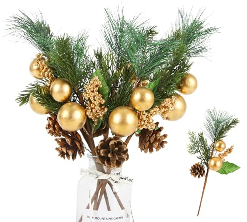 ilauke 6 Stück Tannenzweige Künstlich wie Echt, Künstliche Tannenzweige mit Beeren und Tannenzapfen, Tannengrün Künstlich Weihnachtsdeko für DIY Weihnachtskranz Weihnachten Deko,Golden