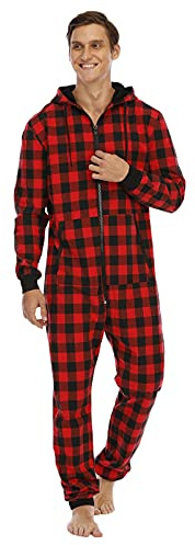 Herren Pyjama Lang Rot Schwarz Kariert, Jumpsuit Schlafanzug - Overall Baumwolle Onesie Mit Kapuze Einteiler Mit Reißverschluss Bequem Mode Overalls Winter Warme Pyjama Männer Loungewear