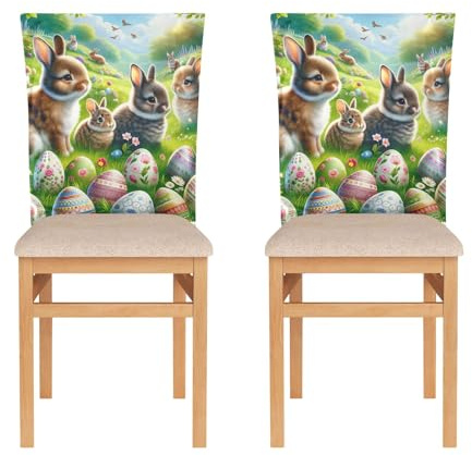 ODAWA Stuhlrückenbezug mit niedlichen Osterhasen und Eiern, abnehmbarer Stuhlschoner, 2er-Set, Stuhlrückenbezug für Weihnachten, Esszimmer, Dekoration