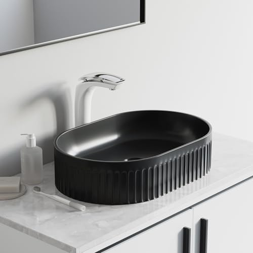 Dowell Bathroom Vessel Sink,Ceramic Vessel Wash,Bowl, Oval Ceramic Countertop Modern Basin,Black, Fluted Design Bowl Sink for Bathroom-6004 2013 10F (19x13 Oval/Black)