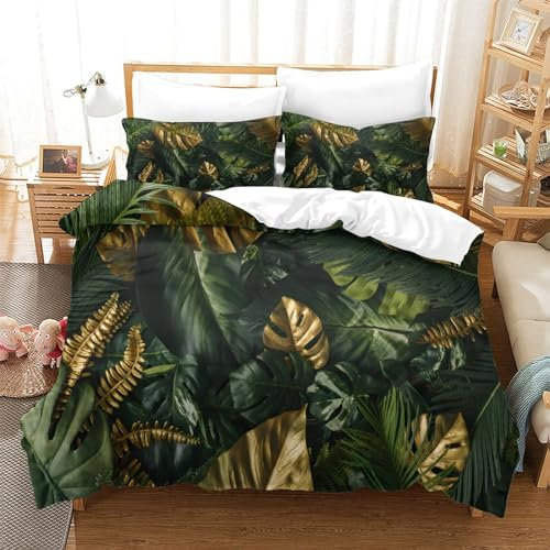 Gold Green Tropical Palm Leaves Duvet Cover Set Full Size 3Pcs Ultra Soft Bedding for Kids Boys Girls with Zipper Closure 3D Comforter Set Quilt Set Room Decor, Easy Care Durable Super King（260x220cm）