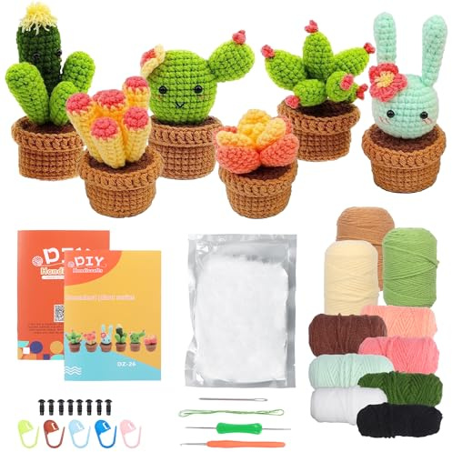 Creaher Crochet Set for Beginners, 6Pcs Cactus Plant Pot Crochet Hook Set, Knitting Set with Crochet Hooks Yarn, Crochet Hook Set with Crochet Bag and Instructions, Complete Crochet Set for DIY