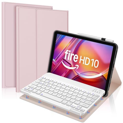 Keyboard Case for Fire HD 10 & 10 Plus 10.1 inch (13th/11th Gen 2023/2021) | Detachable Bluetooth UK Layout Keyboard Cover for Fire HD10, Pink