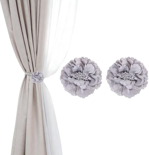 PATIKIL Attaches De Rideaux Fleuris, 2 Pcs Pinces À Rideaux Fleuries Artificielles, Boucles Modernes De Fixation De Rideaux, Pinces Décoratives pour Draperies De Fenêtre pour Maison, Gris