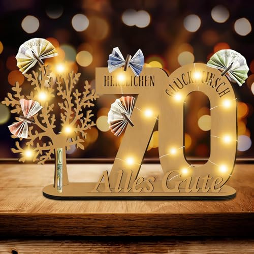 Idota Deko 70 Geburtstag Frau Mann Geldbaum Geschenk,Lebensbaum Deko | Mit Led 70 Geburtstag Deko Geschenke, Holz-Schild Gästebuch Geldgeschenke, Personalisierte Geburtstag Geschenk