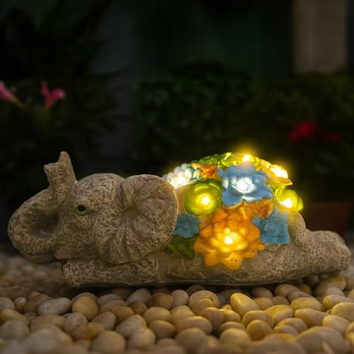 Éléphant solaire - Statue d'éléphant d'extérieur avec plantes succulentes et lumières LED - Figurine décorative pour terrasse, balcon, cour, pelouse - Cadeau unique pour pendaison de crémaillère pour