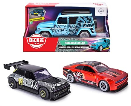 Dickie Toys - Pullback Racer (1 Stück) - Auto mit Rückzugmotor für Kinder ab 3 Jahre mit Gummireifen und zu öffnenden Türen, zufällige Auswahl aus 3 Spielzeugautos, je 15 cm