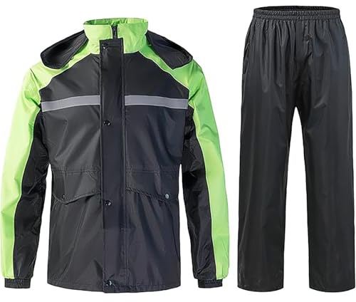 Caxndycing Traje de lluvia para hombre, resistente al agua, para moto, resistente al viento, reflectante, ligero, cortavientos, conjunto de 2 piezas, chubasquero y pantalones de lluvia