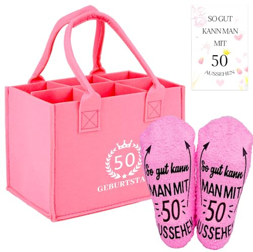 Geschenke zum 50 Geburtstag Frau, 3 teiliges Wein Geschenk zum 50 Geburtstag Frau mit Rosa Flaschentasche, Socken und Karte, Flaschenträger 6 Flaschen Geburtstagsgeschenke für Frauen Schwester Mutter