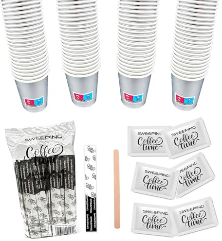 kit bustine zucchero palette e bicchieri 150 Bicchierini Caffè + 150 Palette + 150 bustine zucchero - Bicchieri 65 ml in Carta e Palettine Usa e Getta Riciclabile, Colore Argento Metallizzato