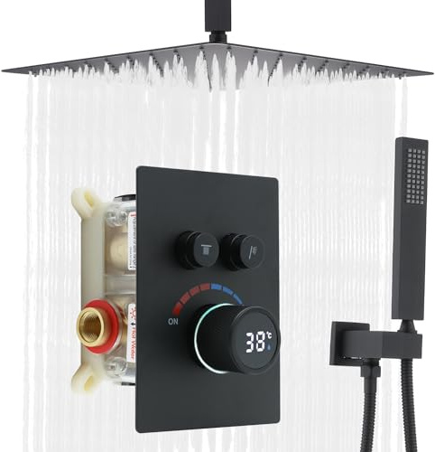 Delnet 16 Inch Black Ceiling Mounted Rain Shower System with LED Temperature Display, Dual Functions (Overhead & Handheld) Simultaneous Use, Matte Black
