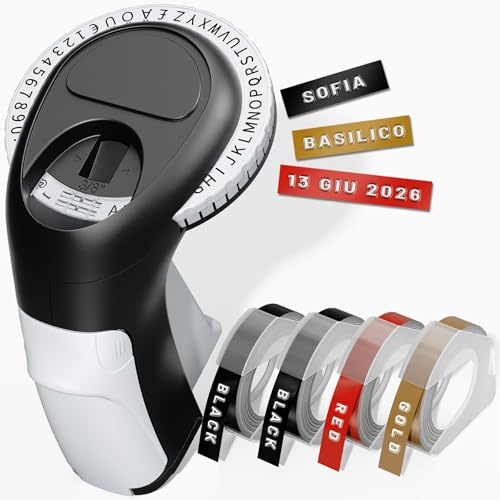 VolenGo Omega S Etichettatrice, Etichettatrice a Rilievo 3D – Etichette Adesive Impermeabili, Stampa Chiara, Design Ergonomico – con 4 Rotoli (2 Neri, 1 Rosso, 1 Oro) – per Casa/Ufficio/Scuola/DIY