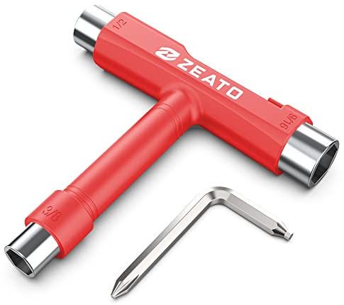 Zeato All-in-One Skate Tools Multi-Function Portable Skateboard T Tool Accessory with T-Type Allen Key and L-Type Phillips Head Wrench Screwdriver - Red