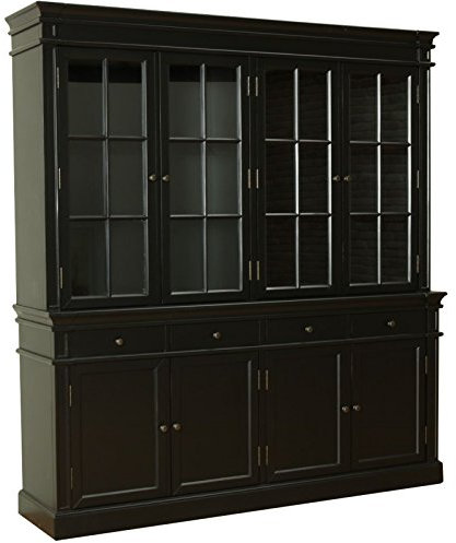 Amaretta, Vitrinenschrank, lackiertes massives Holz, schwarz lackiert, antik patiniert, 4 Türen, 4 Schubladen, 2 Einlegeböden, Metallgriffe, B 186 x H 200 x T 45 cm, Gewicht 185,0 kg