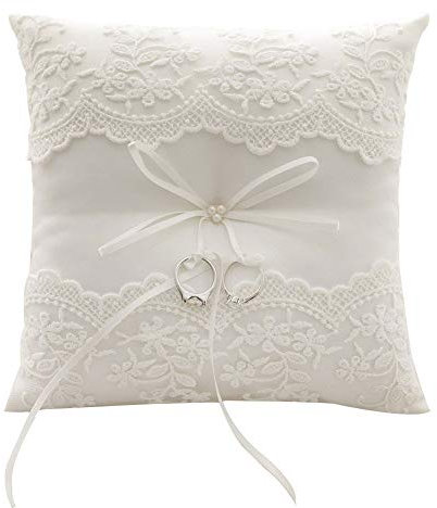 Bclaer72 Ehering Kissen Ringkissen Elegant Stickerei Blume Hochzeit Ringkissen Elfenbein Weiß Design Ringkissen 20cm x 20cm, weiß, Free Size