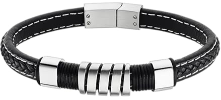 LOTUS STYLE Pulsera Hombre Cuero Brazalete de Diseño Sofisticado, Resistente y Confortable - Pulseras Hombre - Negra 218.00 mm LS2056-2/1 - Regalo de Cumpleaños, Día del Padre