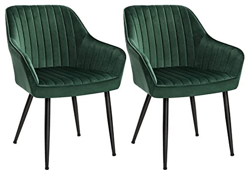 SONGMICS Esszimmerstuhl, 2er Set, Küchenstuhl, Sessel, Samt, Polsterstuhl mit Armlehnen, Loungesessel, bis 120 kg belastbar, Metallbeine, für Esszimmer, Küche, grün-tintenschwarz LDC087C02