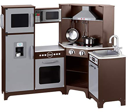Amazon Basics hölzerne Eckküche für Kinder, Spielset mit interaktiven Türen, Knöpfen und Lichtern, 99 x 71 x 89 cm, Espresso/Grau