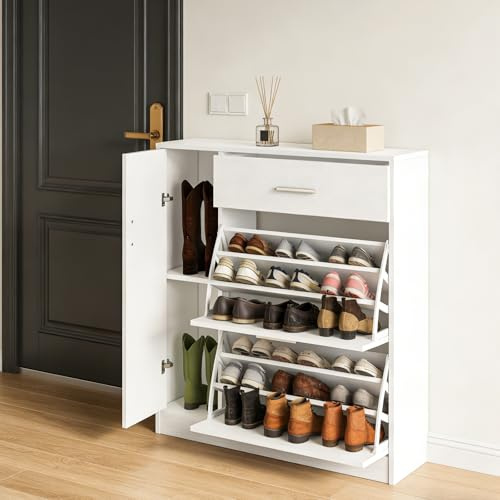 Senvoziii Shoe Storage Cabinets with Drawer & Side Cupboard, 6 Tier Adjustable Flip-Down Wooden Shoe Racks Storage Organiser Modern Shoe Cupboard for Hallways Furniture (White) | Flip Down Doors, Large Shoe Storage Capacity, Adjustable Shelves, Easy Access Drawer, Space Saving Hallway Design