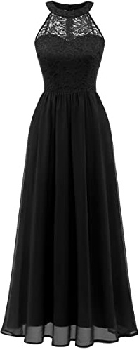 Wedtrend - Abito da sera da donna, lungo, con allacciatura al collo, abito da cocktail, elegante, per matrimonio, laurea, in pizzo e chiffon, Nero , M