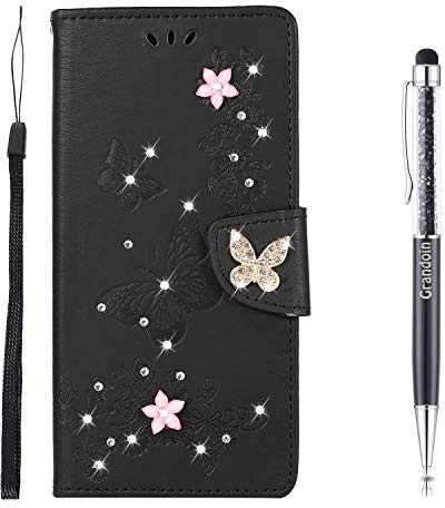 Grandoin Kompatibel mit iPhone 13 Pro Max Hülle (6,7 Zoll), Bling Glitzer Glitter Schmetterling Handyhülle im Brieftasche-Stil Handytasche PU Leder Flip Cover Case Schutzhülle Etui (Schwarz)