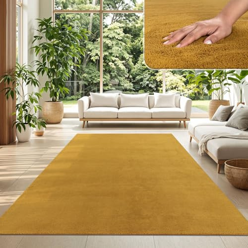 TT Home Wohnzimmer Teppich Kurzflor Anti-Rutsch Rückseite Unifarben Modern Waschbar, Farbe: Dunkelgelb Senfgelb, Größe:200x280 cm
