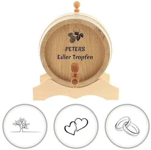 HOFMEISTER® Holzfass mit Gravur 1 Liter – Eichenfass personalisiert mit Name und Motiv, inklusive Holzhahn und Lagerbock – Geschenk für Männer, Handarbeit (1 Stück)