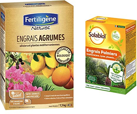Naturen Engrais Agrumes 1,5 kg & SOLABIOL SOPALMY15 Engrais palmiers et plantes méditerranéennes 1,5 Kg, Utilisable en Agriculture Biologique