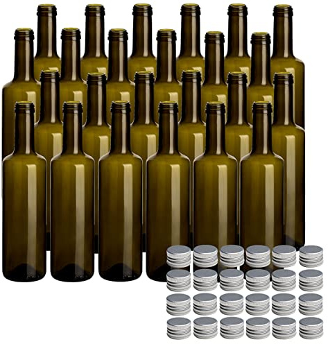 gouveo Lot de 24 bouteilles en verre 500 ml Caesar Antique avec couvercle argenté - petite bouteille 0,5 l avec bouchon à vis pour liqueur, schnaps, huile, vinaigre