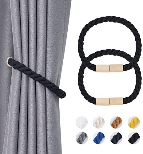 Pretty Jolly 2 Stück Magnetische Vorhang Raffhalter aus Holz, Boho, Heimdekoration, drapierte Raffhalter, handgefertigt, Baumwollseil, Vorhanghalter für Zuhause und Büro, Fenstervorhänge (Schwarz)