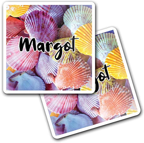 2 x 10cm Vinyl Square Stickers Set - Name Margot Sea Shells Letter Lettering Travel Scrapbooking Gift Decal Wall Art Self Adhesive Waterproof #266073