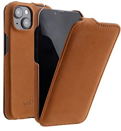 Mobiskin Hülle für iPhone 14 (6,1 Zoll), Flip Case, Braun Vintage | Handyhülle mit echtem Leder, Schutzhülle, Handy-Tasche, Slim Cover, dünne Klapphülle, Etui vertikal aufklappbar