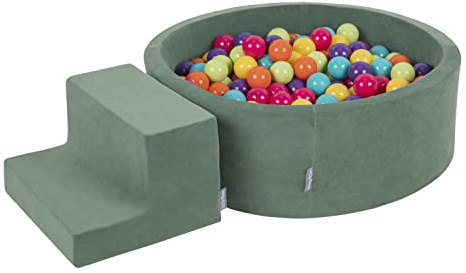 KiddyMoon Lekområde i skum med rund bollhav för barn pool (200 bollar) + steg, skogsgrön: ljusgrön/gul/turkos/orange/mörkrosa/lila