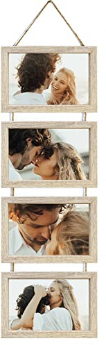 Ichigo Ichie Portafotos Múltiple Decorativo, Marcos de Fotos de Madera con Cuerda para Colgar en la Pared para 4 Fotos de 10x15cm, Madera