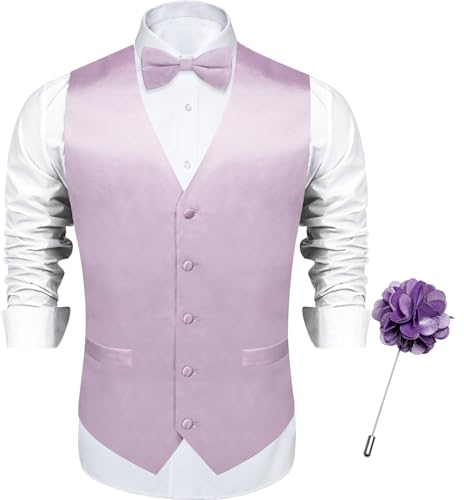 DiBanGu Satin-Weste und Fliege für Herren, Anstecknadel-Set für Anzug oder Smoking, solide Weste und vorgebundene Fliege für Hochzeitsfeier, Satin-Flieder, Large