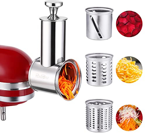 RAFBAR Slicer Shredder Aufsatz für KitchenAid Standmixer | 75 mm breitere Klinge Käsereibe Aufsatz für KitchenAid, 60 mm große Futterschütte, 3 Trommelklingen, Salatbereiter, spülmaschinenfest