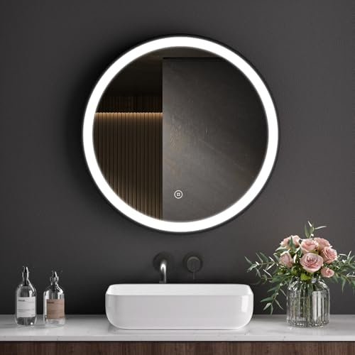 S'AFIELINA Badspiegel mit Beleuchtung Rund 50 cm Diameter, Badezimmerspiegel mit Beleuchtung 6500K Kaltweiß, 15 W Badspiegel mit Touch+ Dimmbar+ Speicherfunktion+ HD Sicherheitsfolie, schwarzer Rahmen
