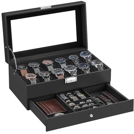 SONGMICS Uhrenbox, Uhrenkasten mit Glasdeckel, 2 Ebenen, für 12 Uhr, abschließbar, 1 Schublade, für Ringe, Armbänder, Geschenkidee, weihnachten, PU-Bezug in Schwarz, Innenfutter in Schwarz JWB012B03
